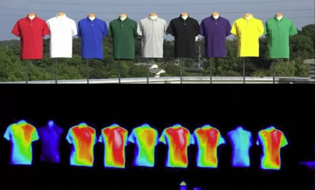 Una fila de camisetas de colores sobre una imagen térmica que muestra la retención de calor de cada camiseta. La imagen térmica revela distintos niveles de calor en diferentes colores, desde azules fríos hasta rojos y amarillos cálidos.